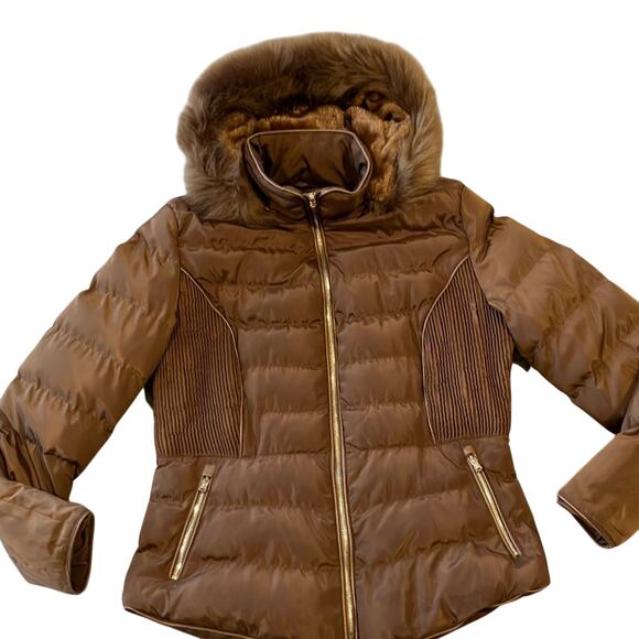 Marc New York Brown Hooded Puffer jacket withh Gold Zippers size large - Picture 1 of 9